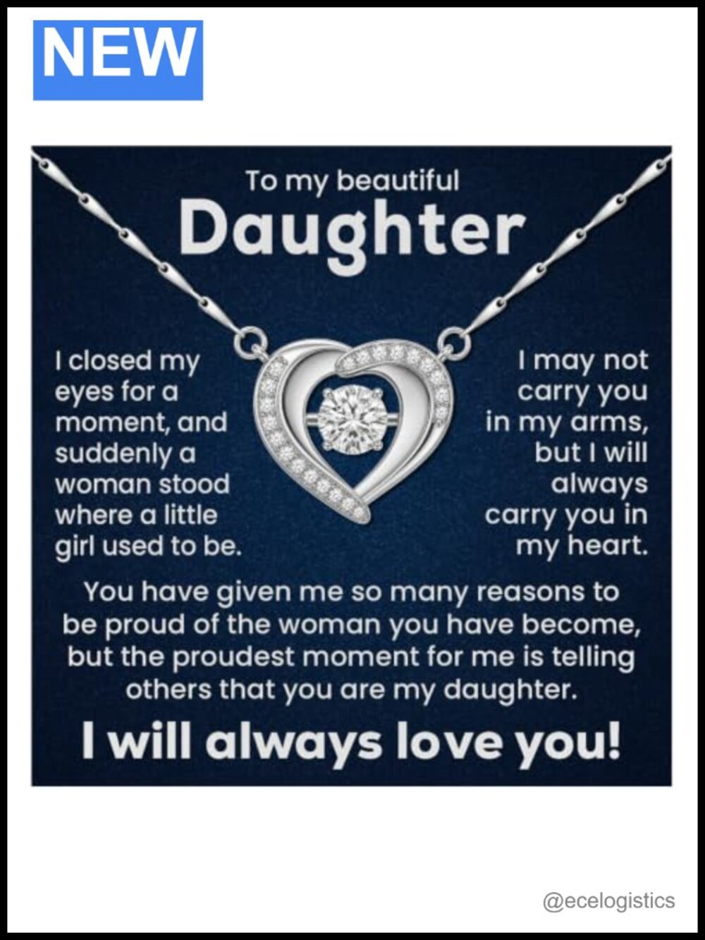 Daughter Heart Pendant Necklace Stainless Steel Cubic Zirconia Gift